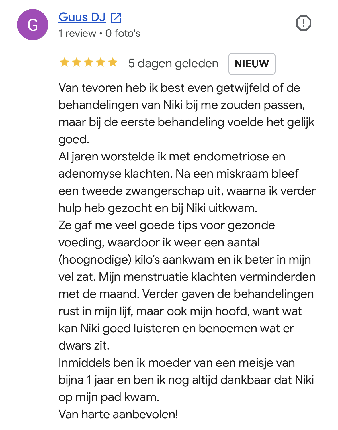 google review: natuurlijk zwanger geworden met endometriose en adenomyose