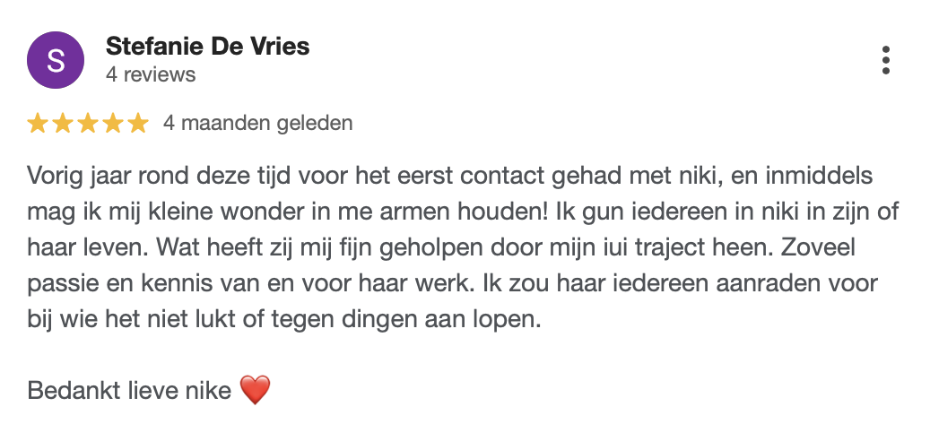 Positieve review van alleenstaande moeder die na 5 mislukte IUI pogingen begon bij EvaVita en na 1 behandeling meteen zwanger raakte