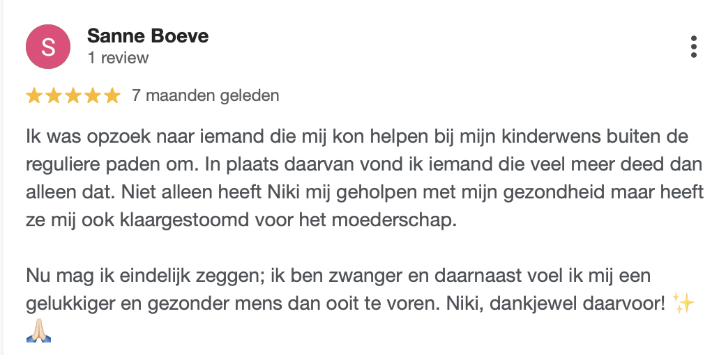 Google review over zwanger worden bij een langdurige kinderwens via fertiliteitsreflexologie in Tiel