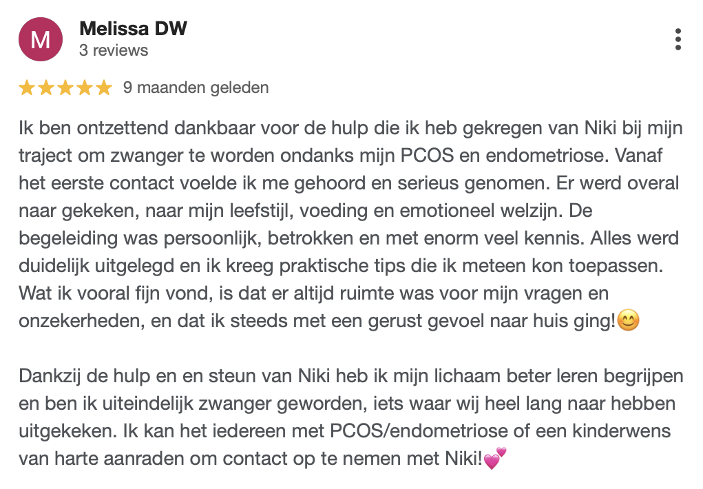 Google review over zwanger worden na miskraam en ondersteuning bij IVF of IUI traject in Tiel