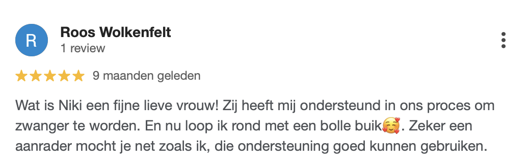 Google review over onverklaarbare onvruchtbaarheid en zwanger worden na voetreflextherapie in Tiel