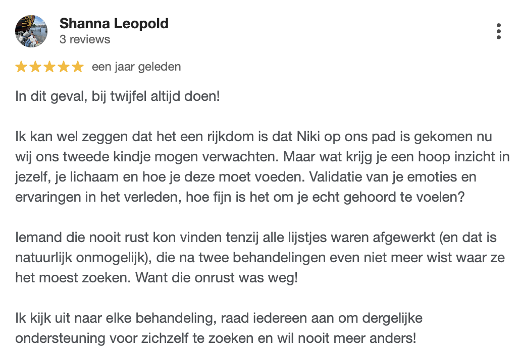 Google review over zwanger worden na miskraam en geboortetrauma met fertiliteitsreflexologie in Tiel