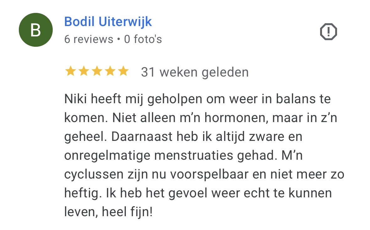 Review google over verminderen menstruatieklachten en darmklachten met voetreflex en voeding