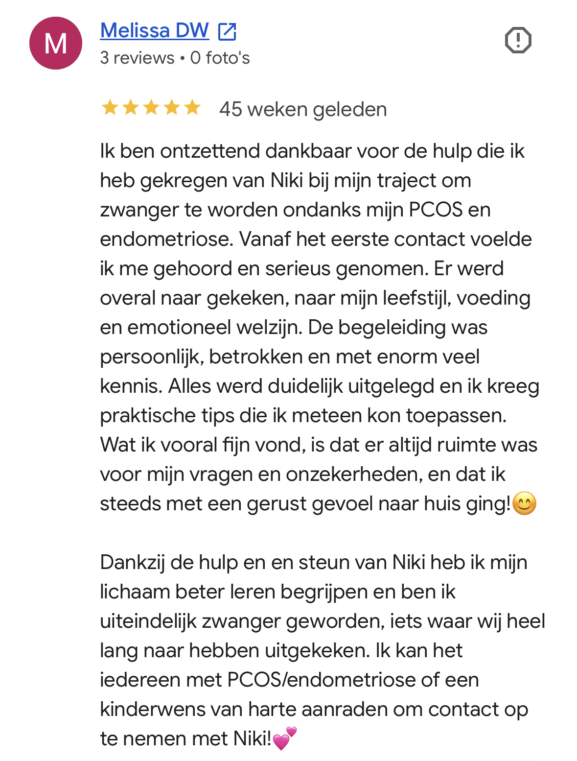 Google review over zwanger worden na miskraam en endometriose met PCOS combinatie in Tiel