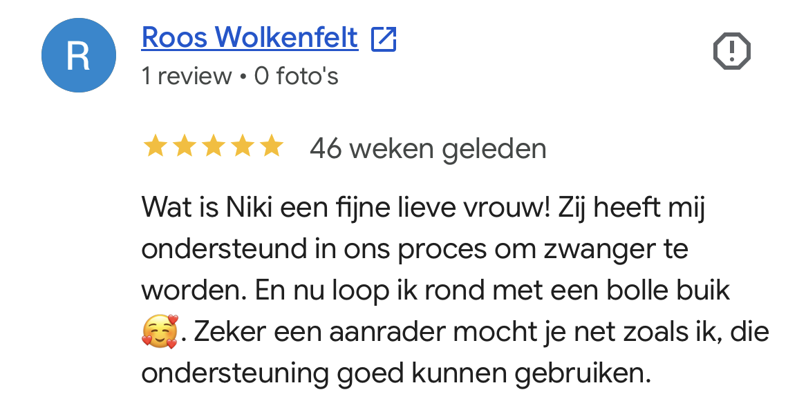 Google review over onverklaarbare onvruchtbaarheid en zwanger worden na voetreflextherapie in Tiel