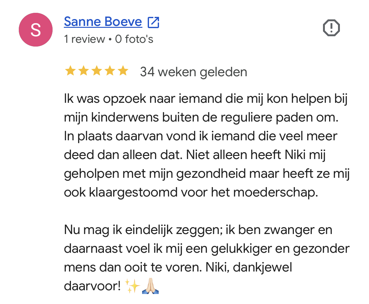 Google review over zwanger worden bij een langdurige kinderwens via fertiliteitsreflexologie in Tiel