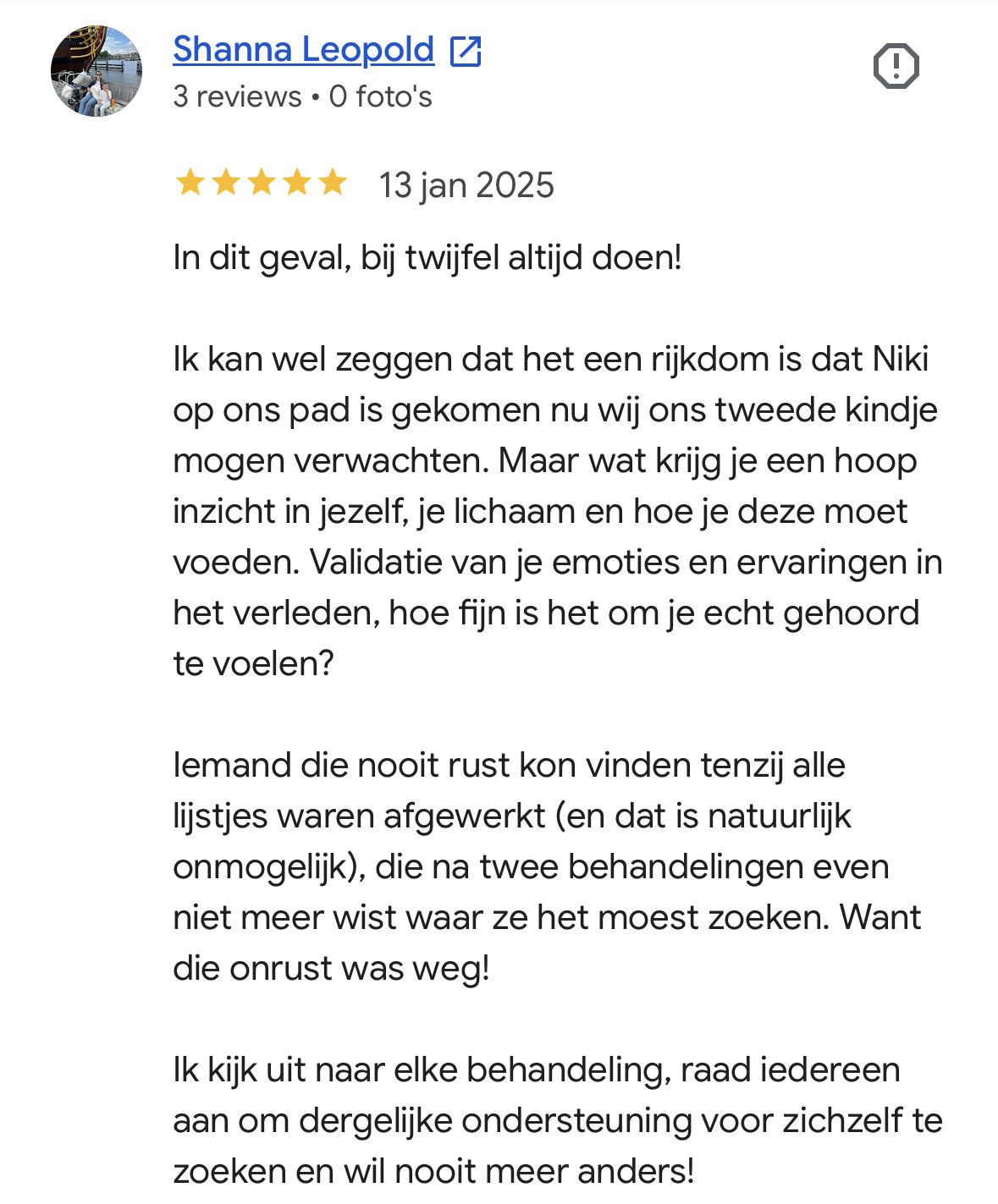 Google review over zwanger worden na miskraam en geboortetrauma met fertiliteitsreflexologie in Tiel