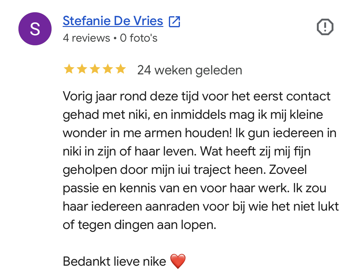 Positieve review van alleenstaande moeder die na 5 mislukte IUI pogingen begon bij EvaVita en na 1 behandeling meteen zwanger raakte